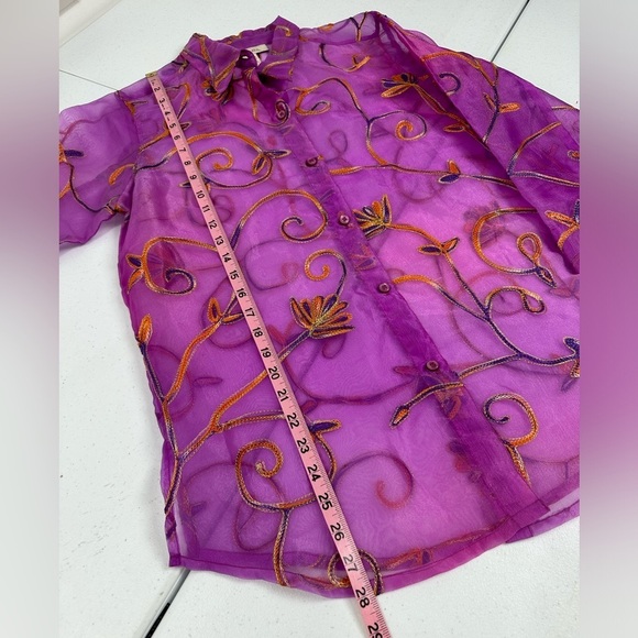 c.l.o.t.h.e.s. Sheer Floral Embroidered Button Front Collared Blouse Purple - Picture 7 of 13